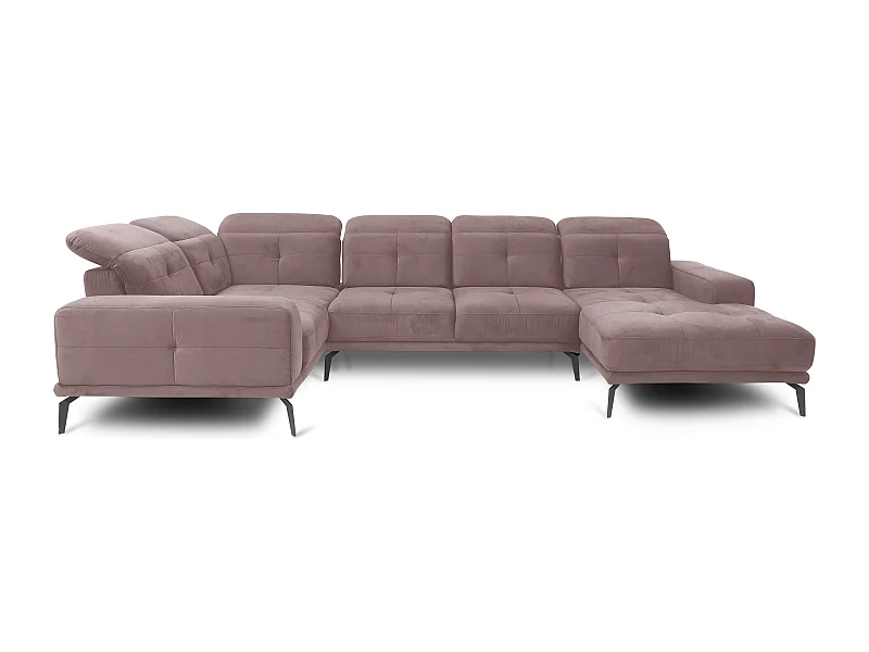 Canapé panoramique design velours rose balais têtières angle gauche avec accoudoir Stan 350cm