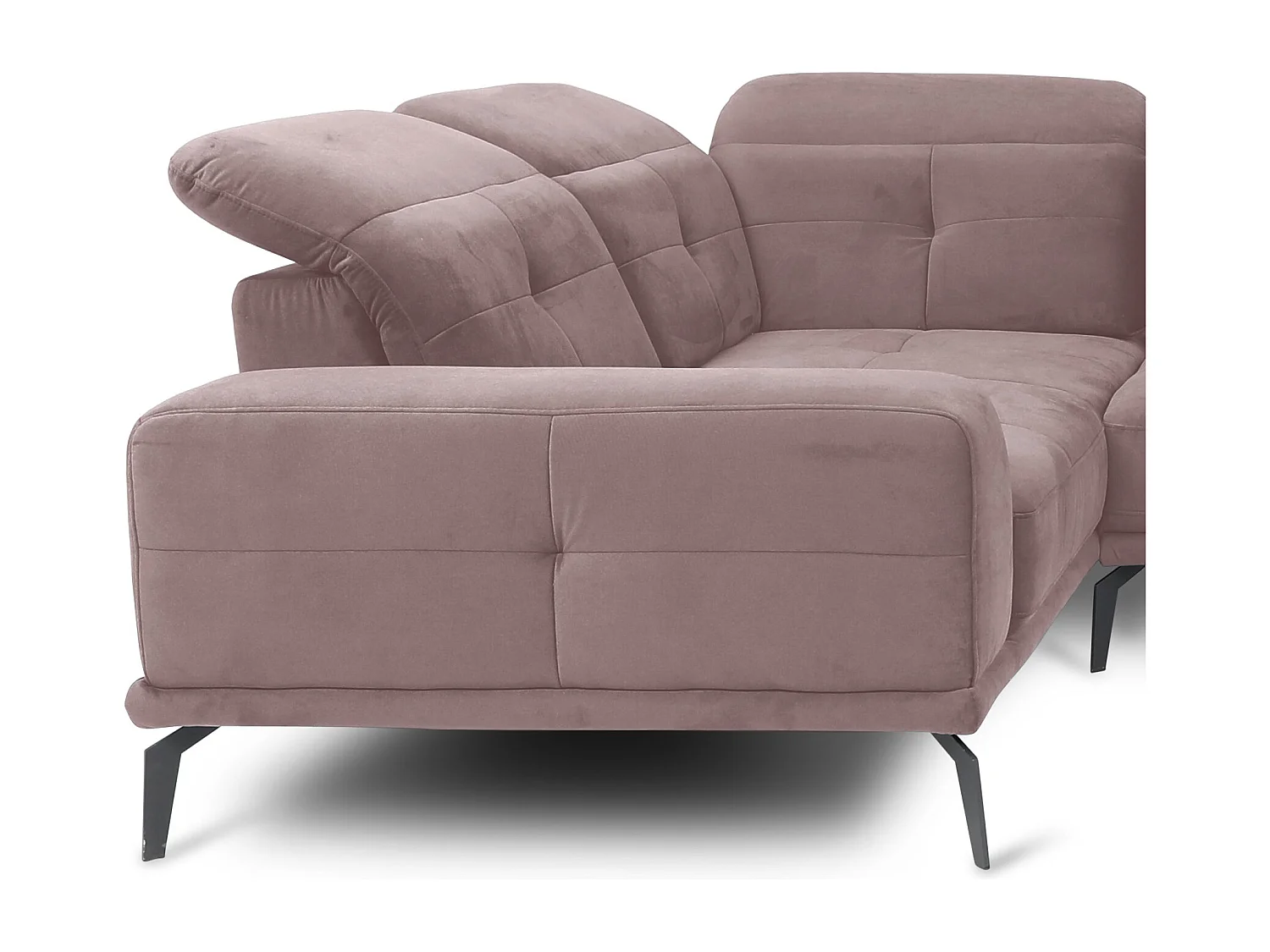 Panoramische bank design roze fluwelen bezems linkerhoek hoofdsteunen met armleuning Stan 350 cm