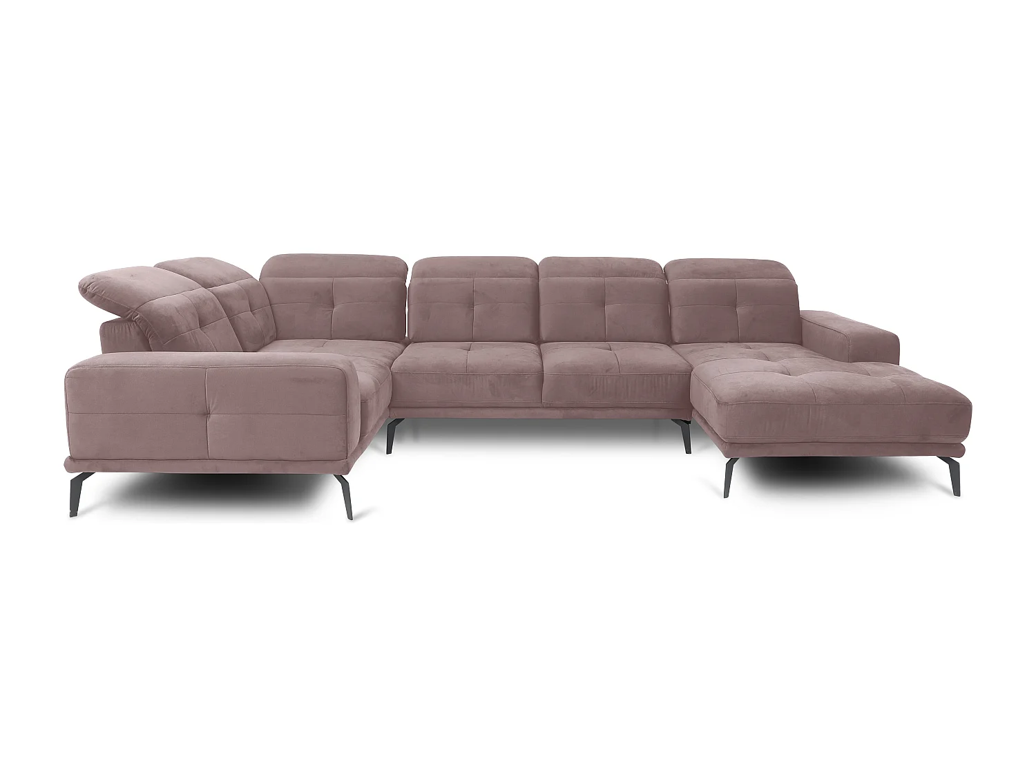 Canapé panoramique design velours rose balais têtières angle gauche avec accoudoir Stan 350cm