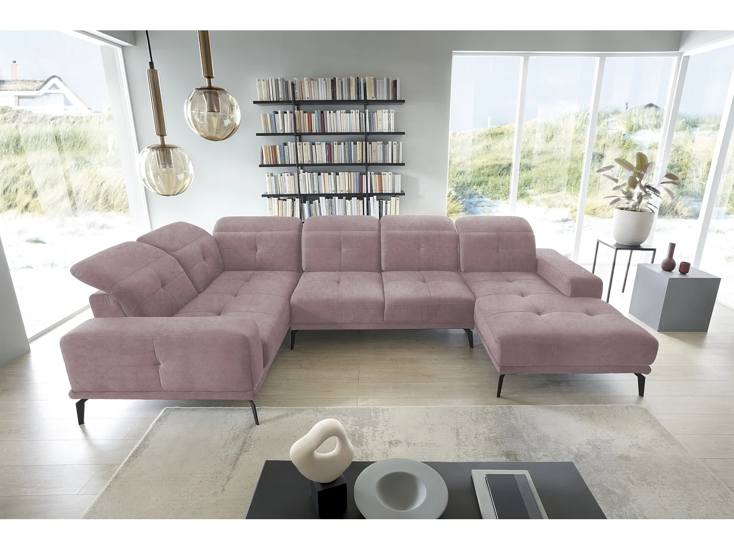 Canapé panoramique design velours rose balais têtières angle gauche avec accoudoir Stan 350cm