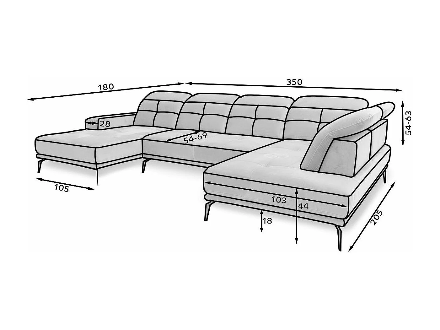 Moderne panoramische bank bruin stoffen hoofdsteunen hoek links Versus 350 cm