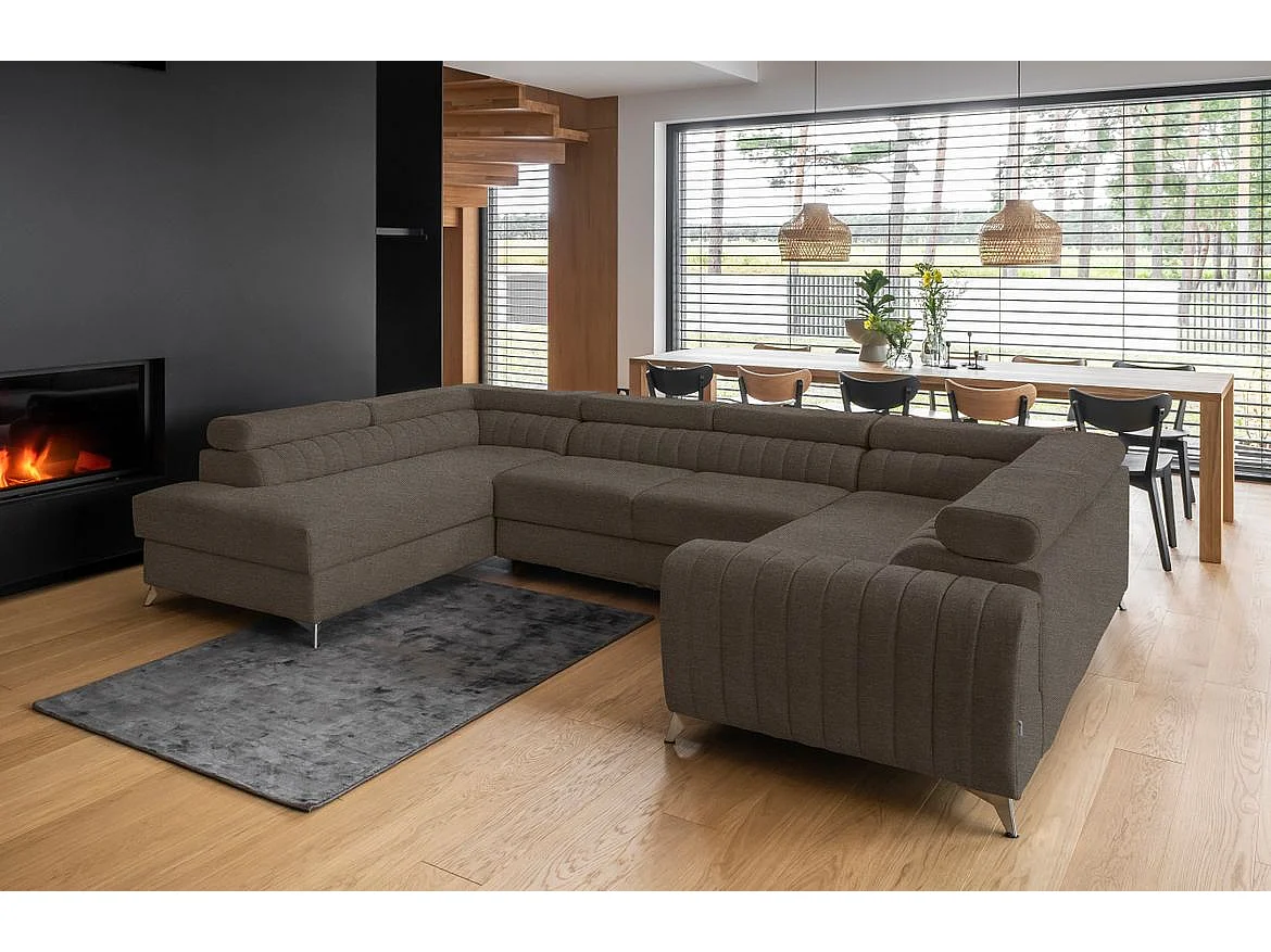 Canapé panoramique convertible tissu marron avec coffre de rangement Louve 340cm-Coffre de rangement à gauche