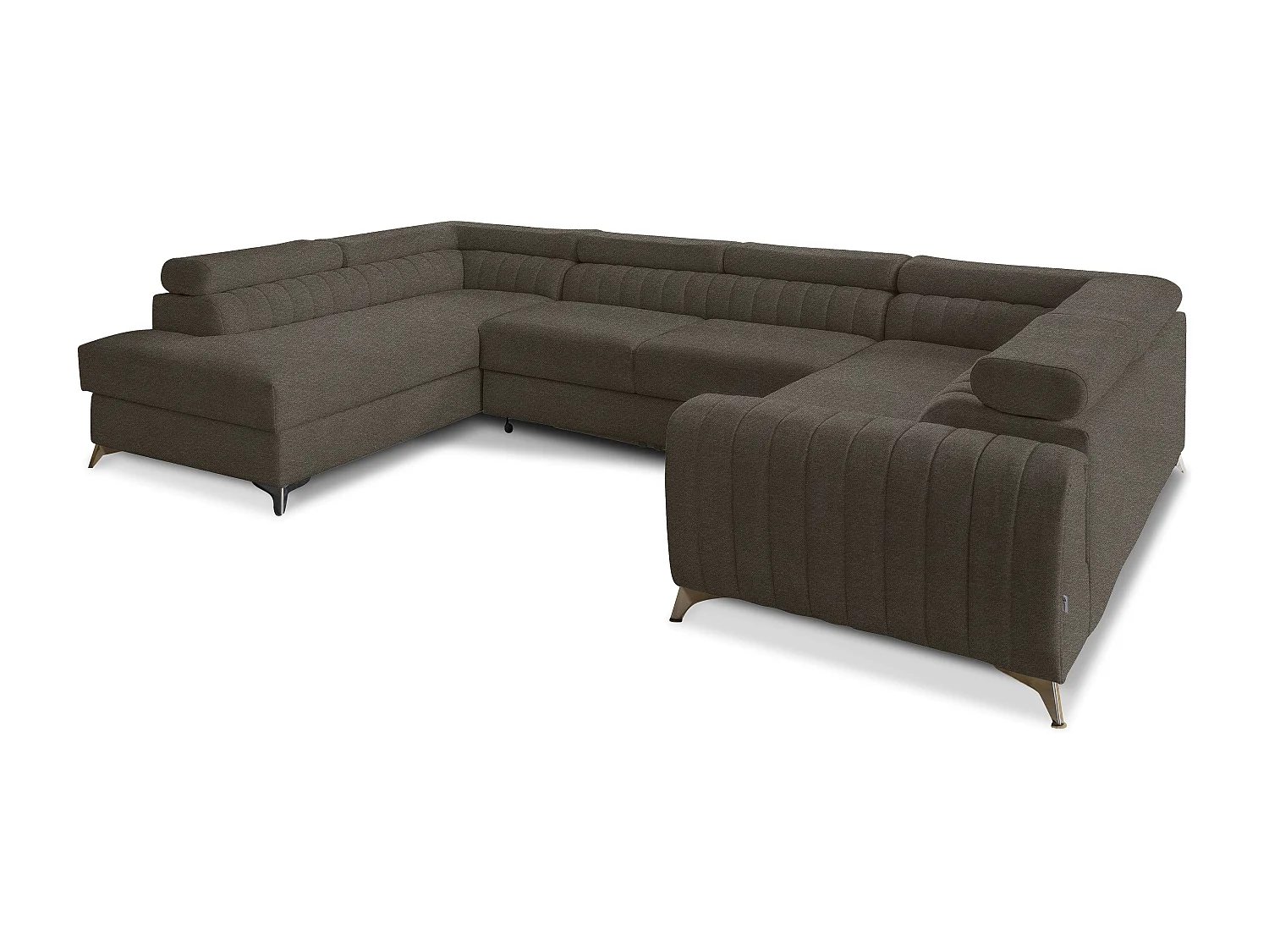 Canapé panoramique convertible LOUVE tissu - Rangement et têtières réglables-Beige foncé-Coffre à gauche