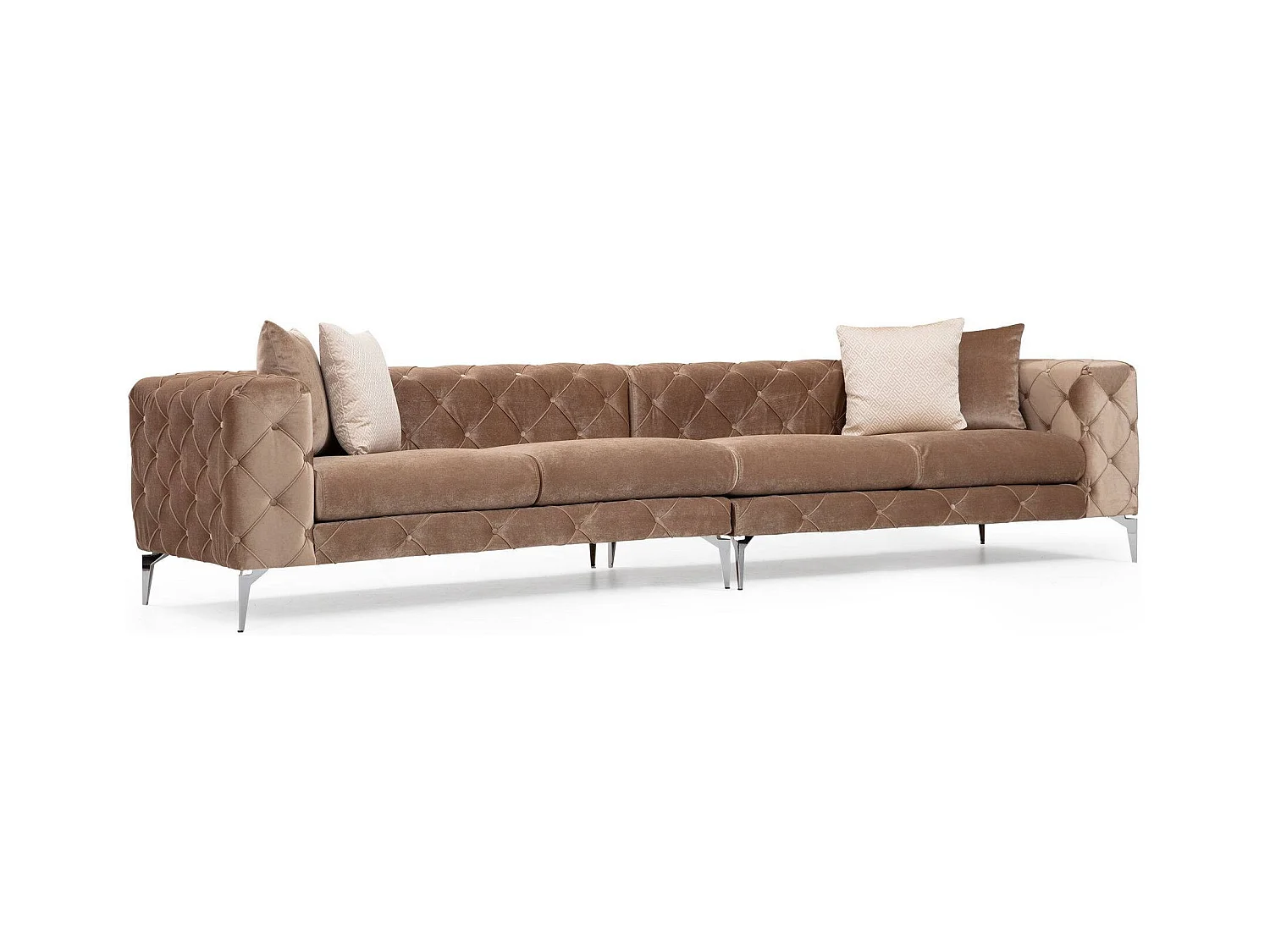 4-zitsbank bekleed met lichtbruin fluweel en chromen poten Herakles 344 cm