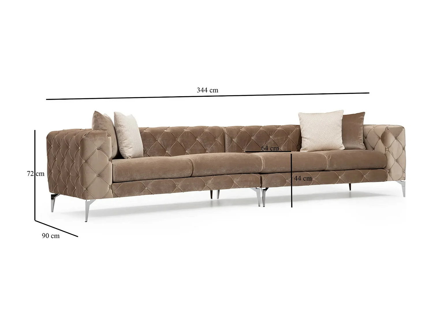 Canapé 4 places capitonné velours marron clair et pieds chromés Herakles 344cm