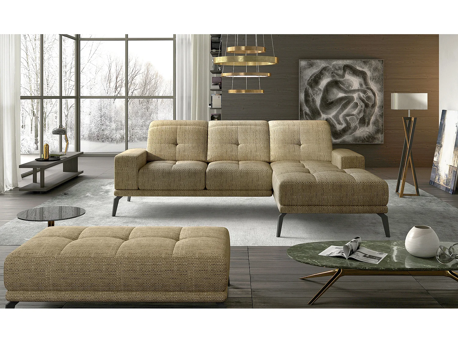 Canapé d'angle droit 5 places tissu beige chiné Torpille 265cm