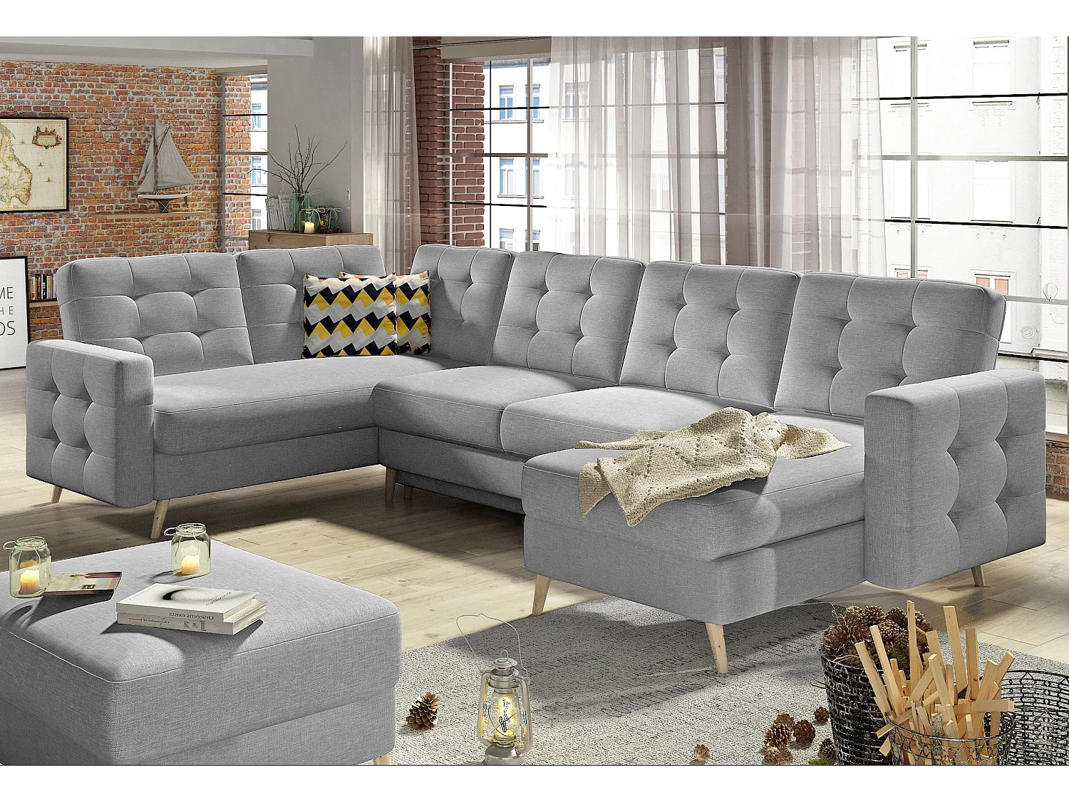 Canapé d'angle panoramique convertible tissu gris clair Anska 320cm