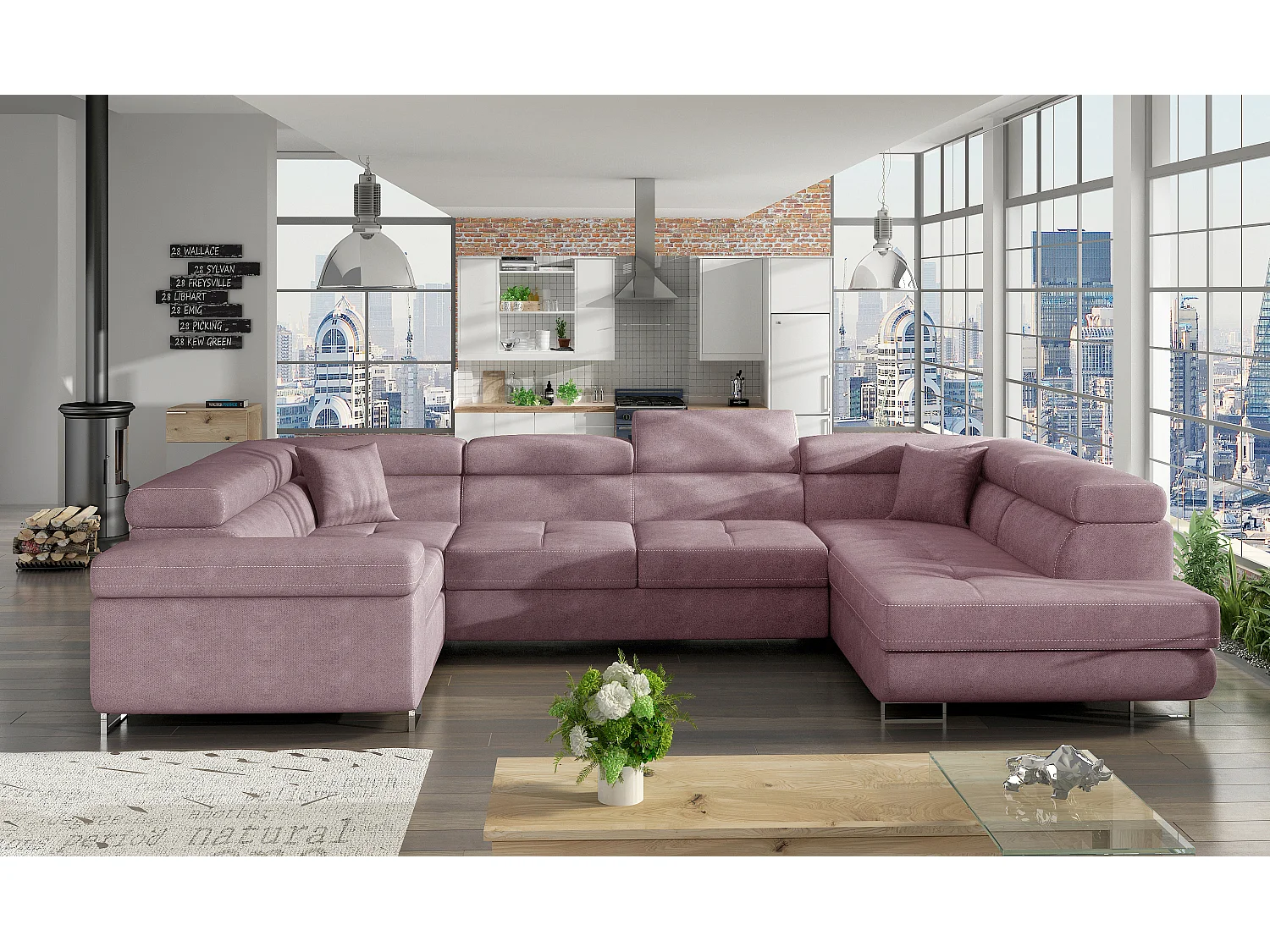 U rechte slaapbank in roze stof met Tovy opbergdoos 340 cm