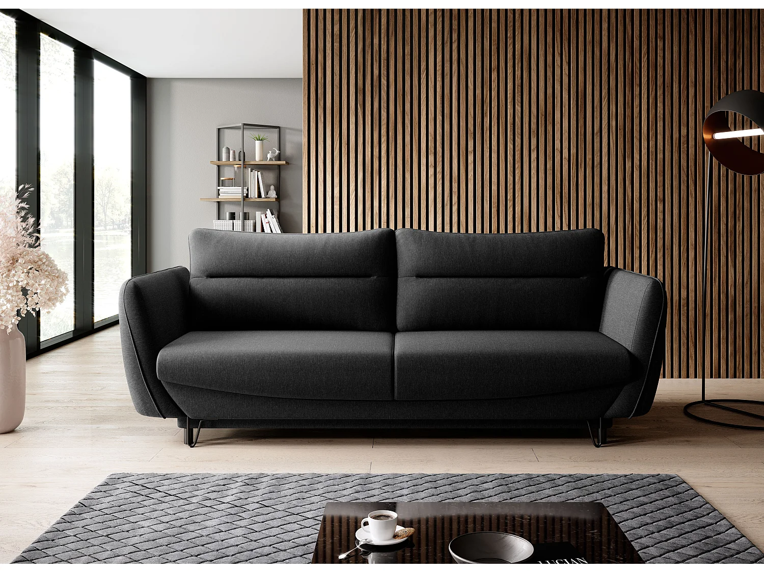 3/4 zits slaapbank zwarte stof Zurik 236 cm