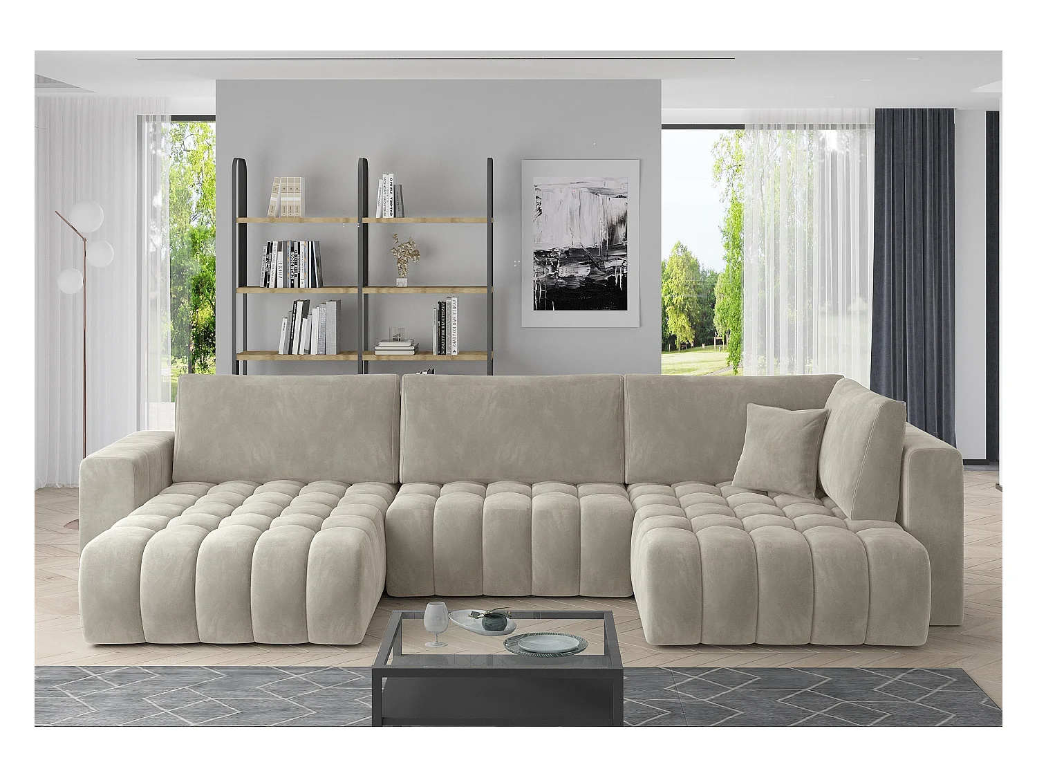 Canapé panoramique convertible design capitonné velours beige méridienne gauche Boston 350cm