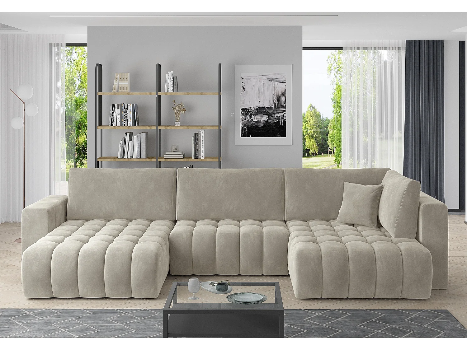 Canapé panoramique convertible design capitonné velours beige méridienne gauche Boston 350cm