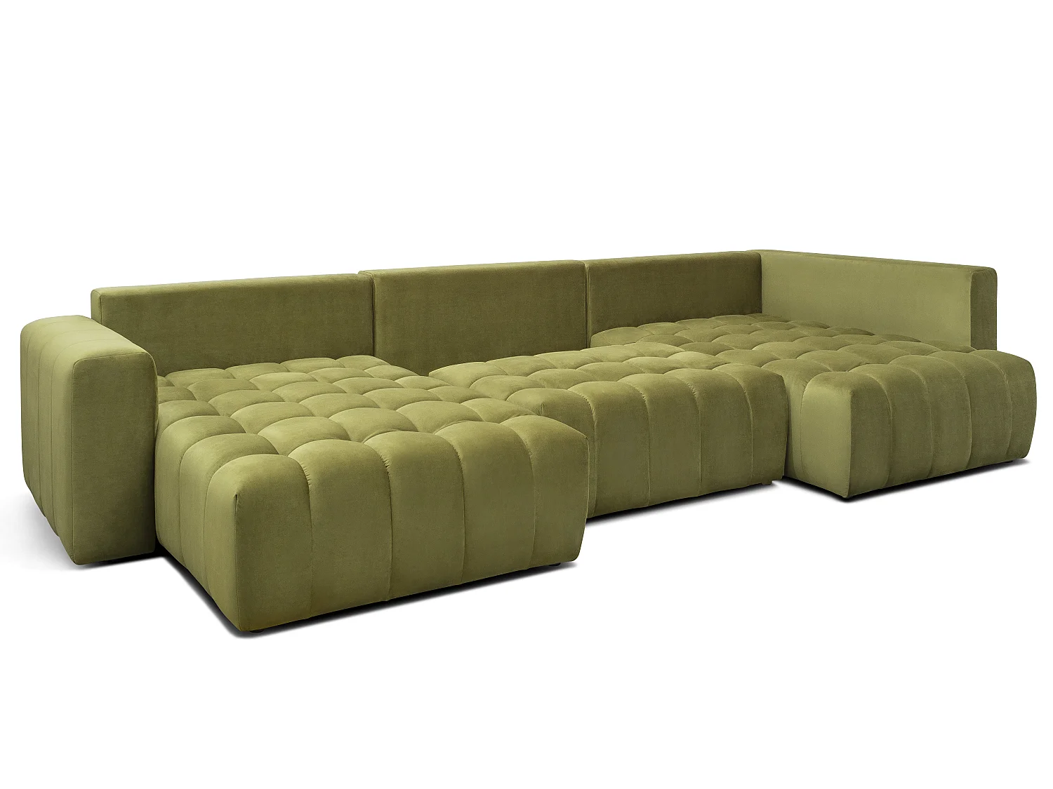 Canapé d'angle panoramique convertible 6 places en velours capitonné beige