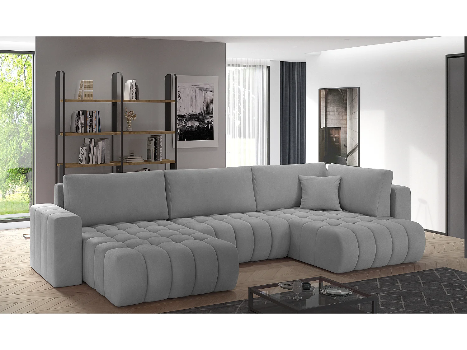 Canapé d'angle panoramique convertible 6 places en velours capitonné beige