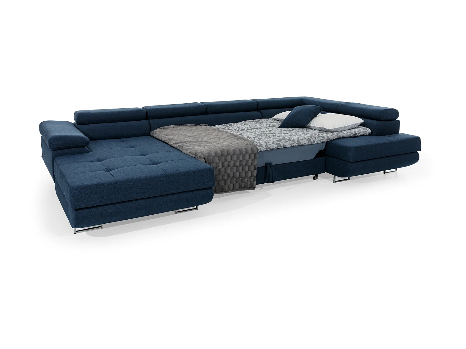 Canapé panoramique tissu bleu marine convertible avec coffre de rangement Romano 345cm-Coffre de rangement à droite