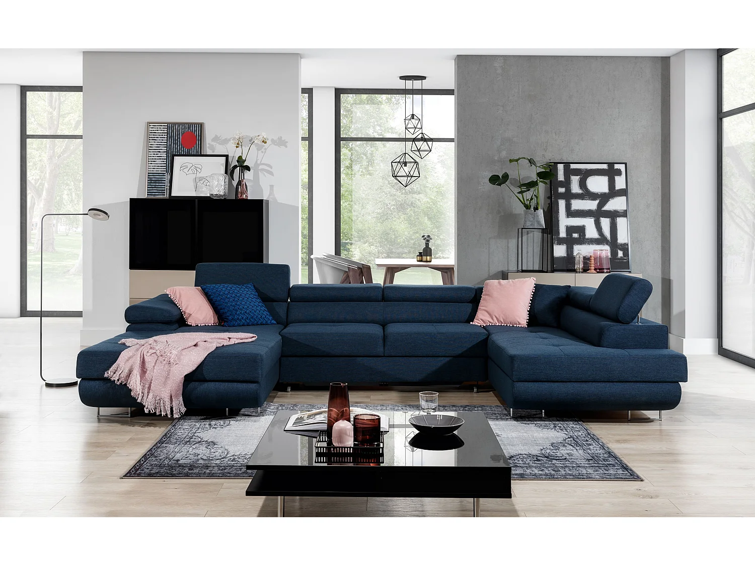 Canapé panoramique tissu bleu marine convertible avec coffre de rangement Romano 345cm-Coffre de rangement à droite