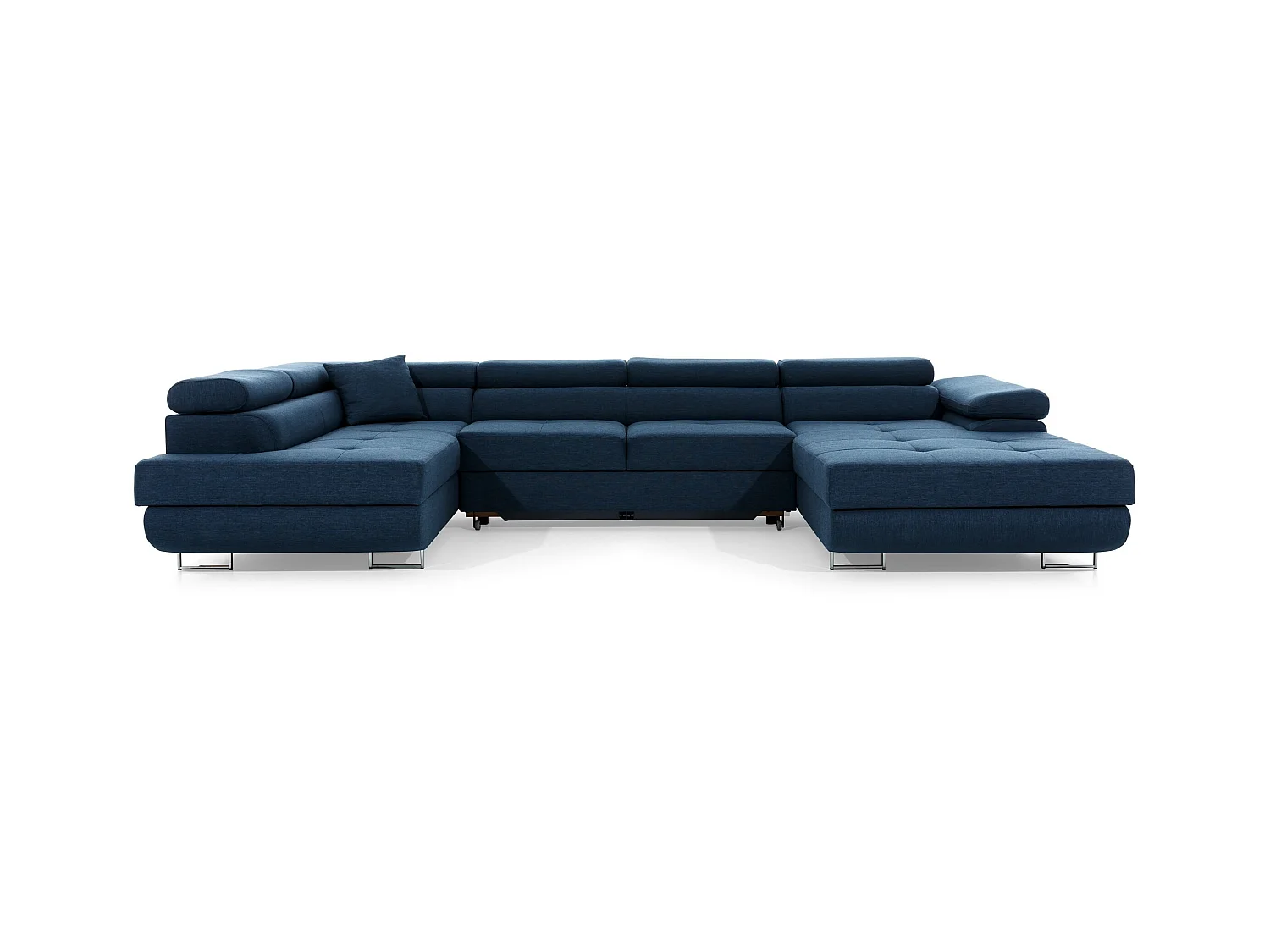 Canapé panoramique tissu bleu marine convertible avec coffre de rangement Romano 345cm-Coffre de rangement à droite