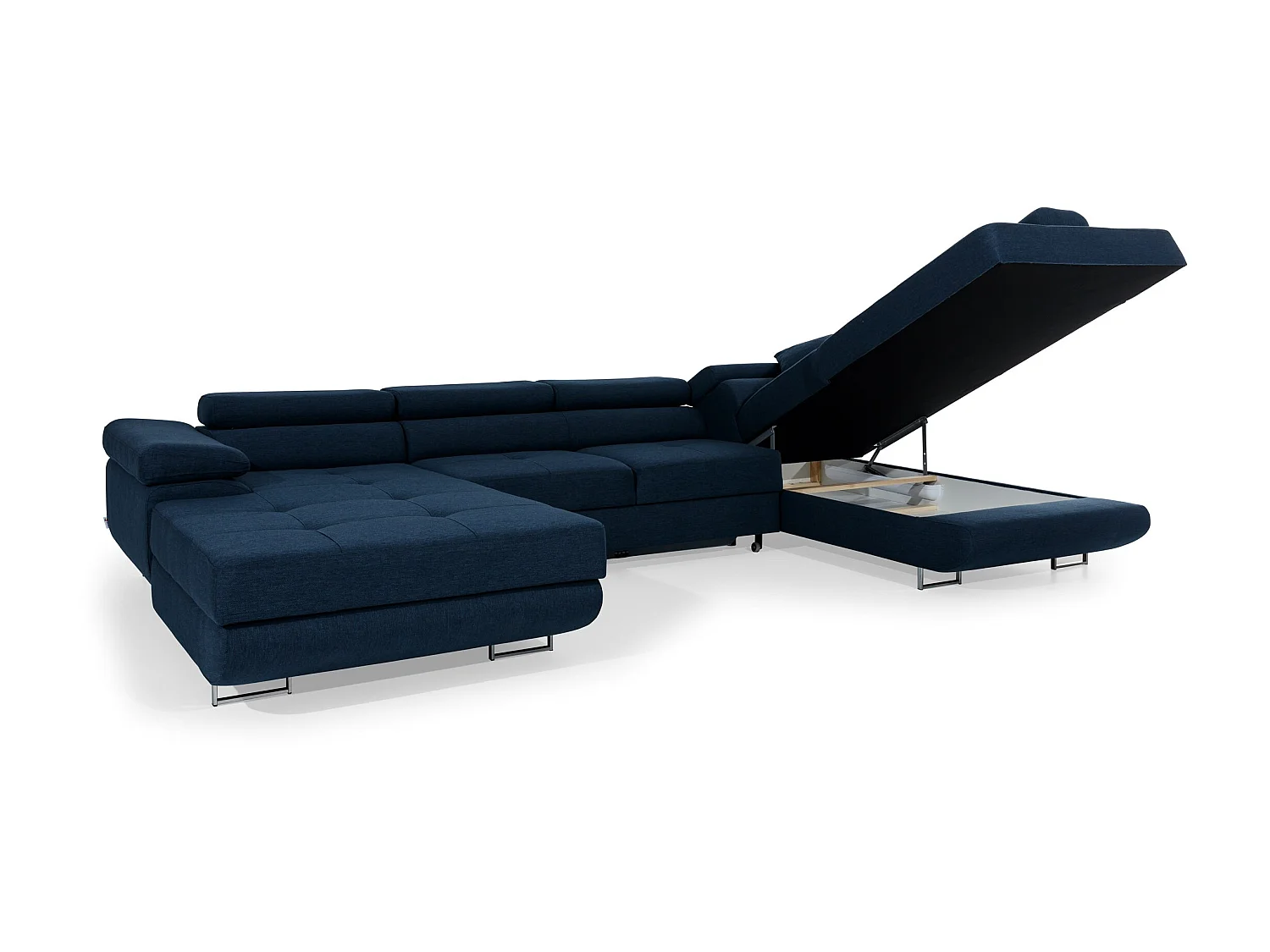 Canapé panoramique tissu bleu marine convertible avec coffre de rangement Romano 345cm-Coffre de rangement à droite