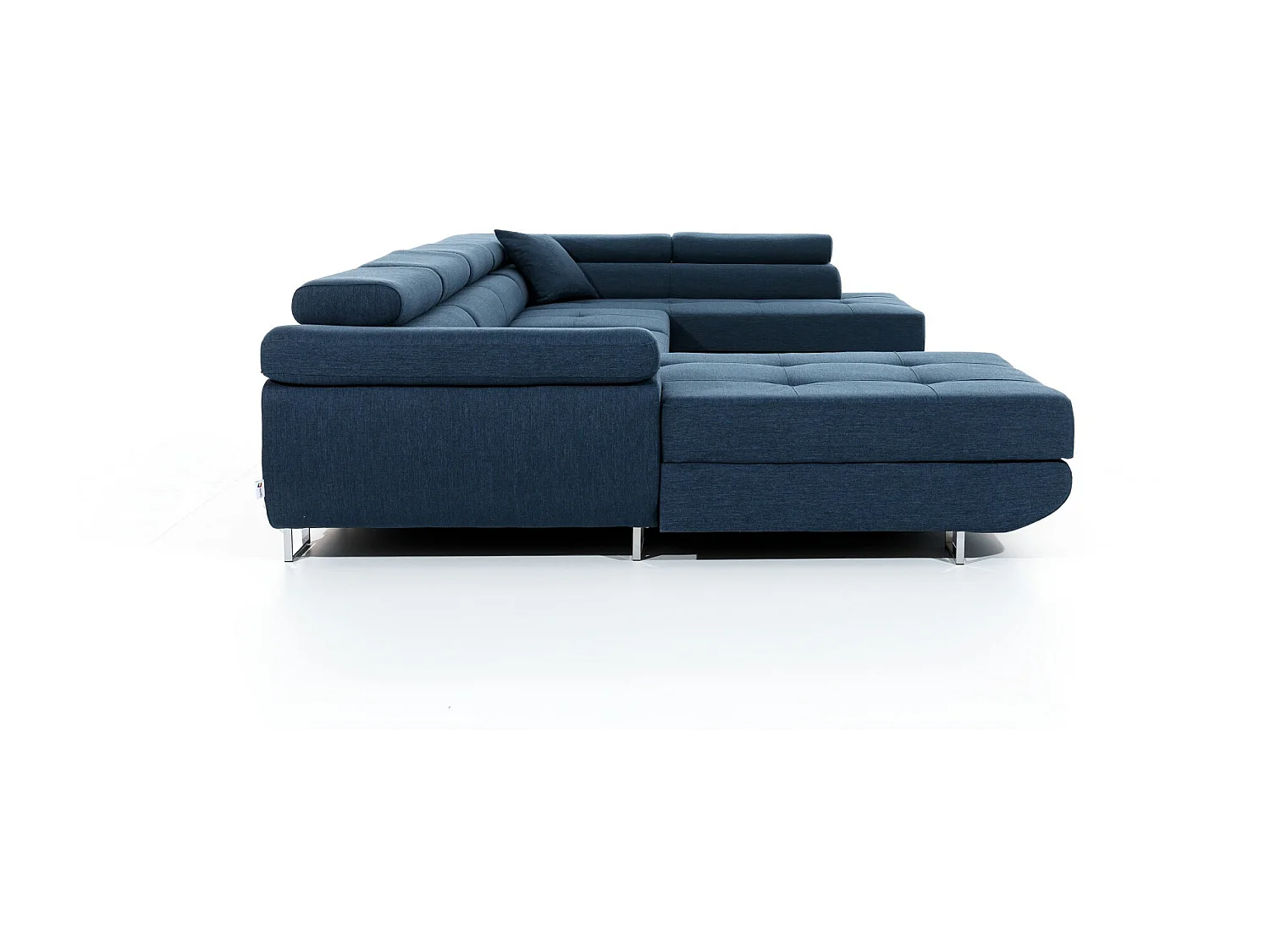 Canapé panoramique tissu bleu marine convertible avec coffre de rangement Romano 345cm-Coffre de rangement à droite