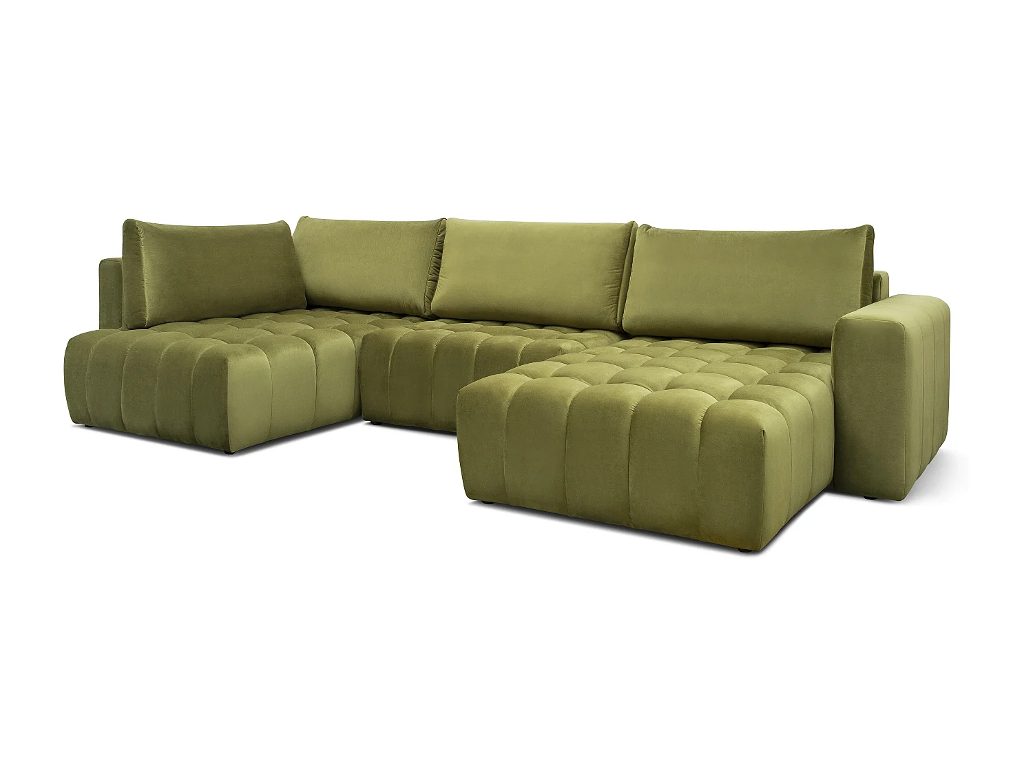 Canapé panoramique convertible design capitonné tissu effet cuir marron clair méridienne droite Boston 350cm