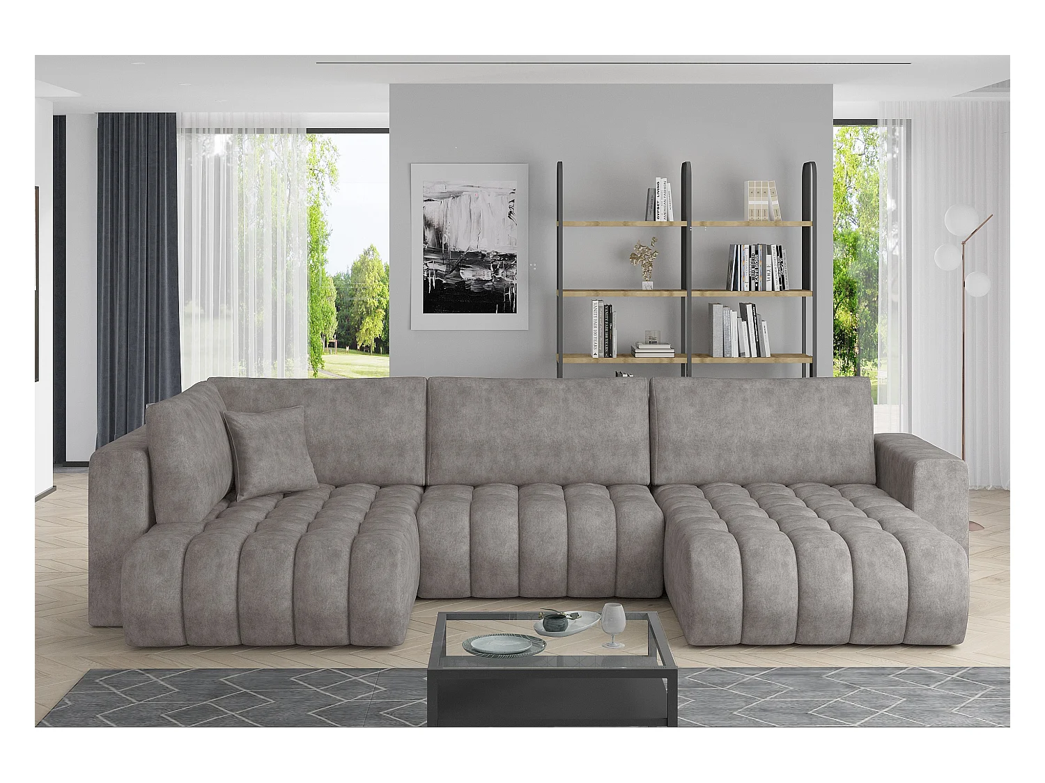 Canapé panoramique convertible design capitonné tissu effet cuir marron clair méridienne droite Boston 350cm