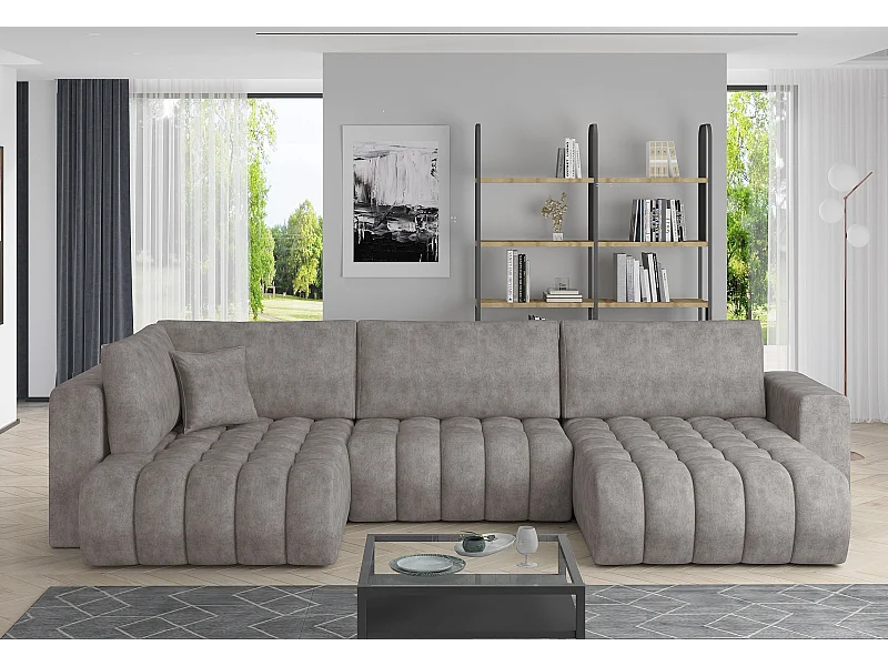 Panoramische converteerbare designbank gewatteerd lichtbruin leereffect stof rechts chaise longue Boston 350 cm