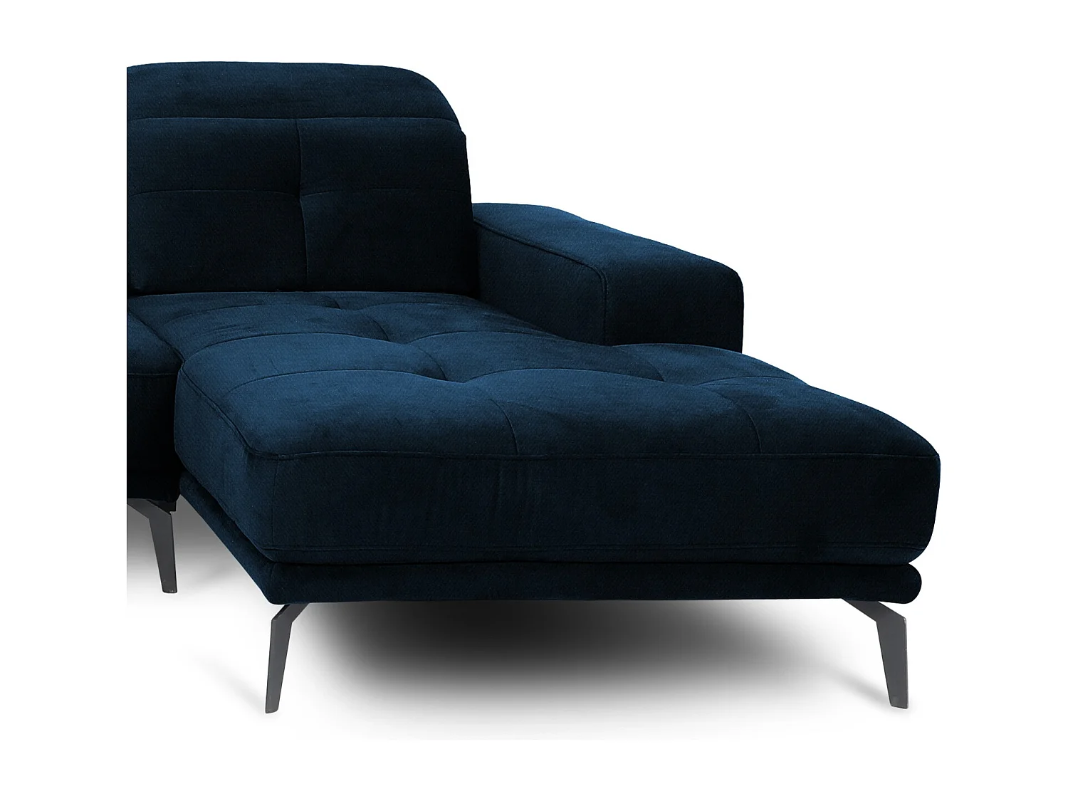 Canapé panoramique design tissu bleu nuit têtières angle gauche avec accoudoir Stan 350cm