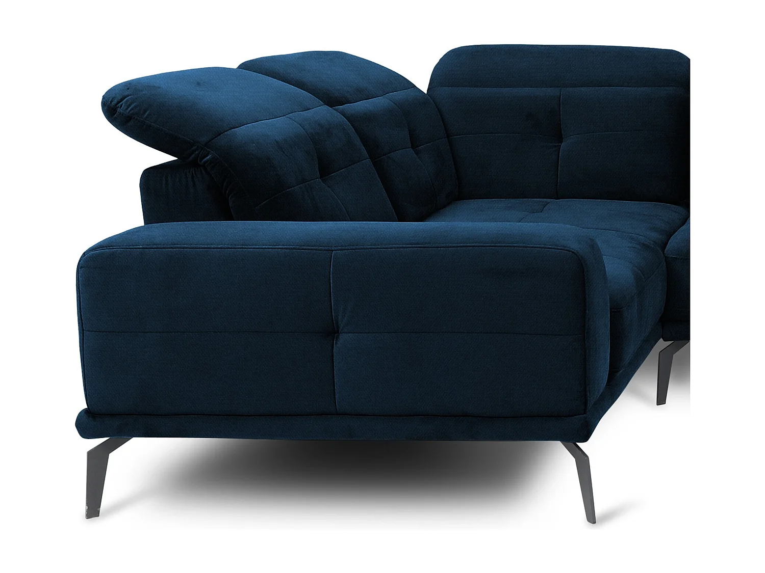 Canapé panoramique design tissu bleu nuit têtières angle gauche avec accoudoir Stan 350cm