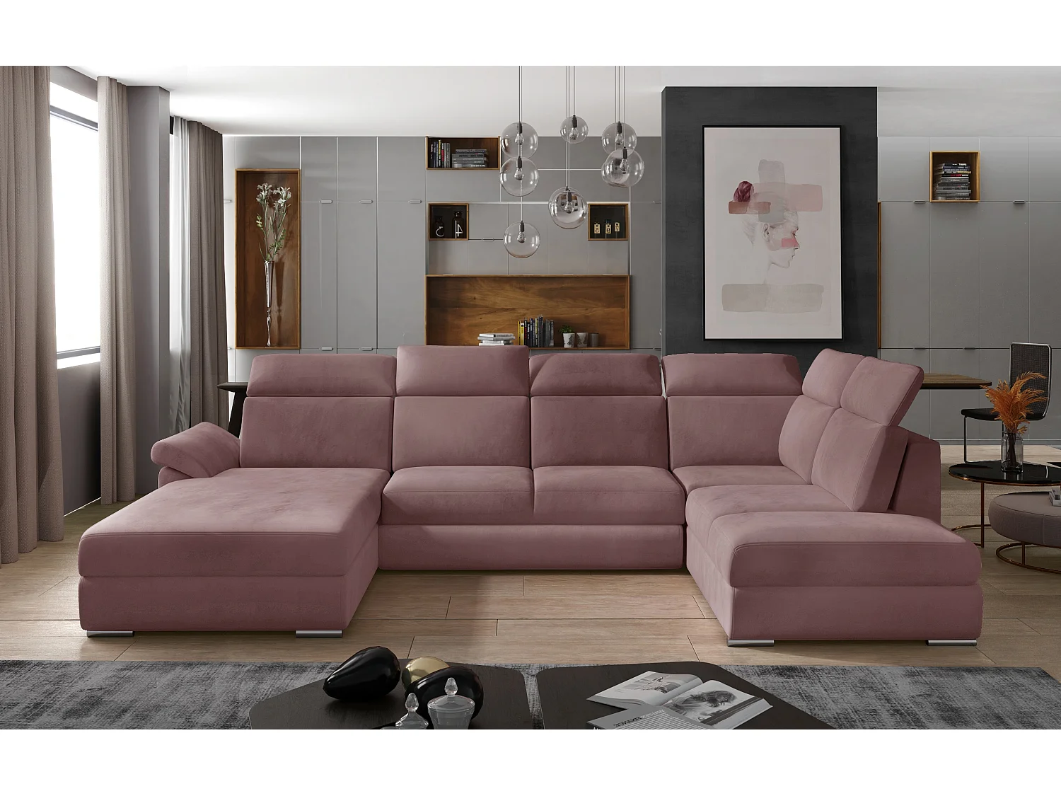 Canapé panoramique convertible velours rose cuivré coffre de rangement à gauche Levano 330cm