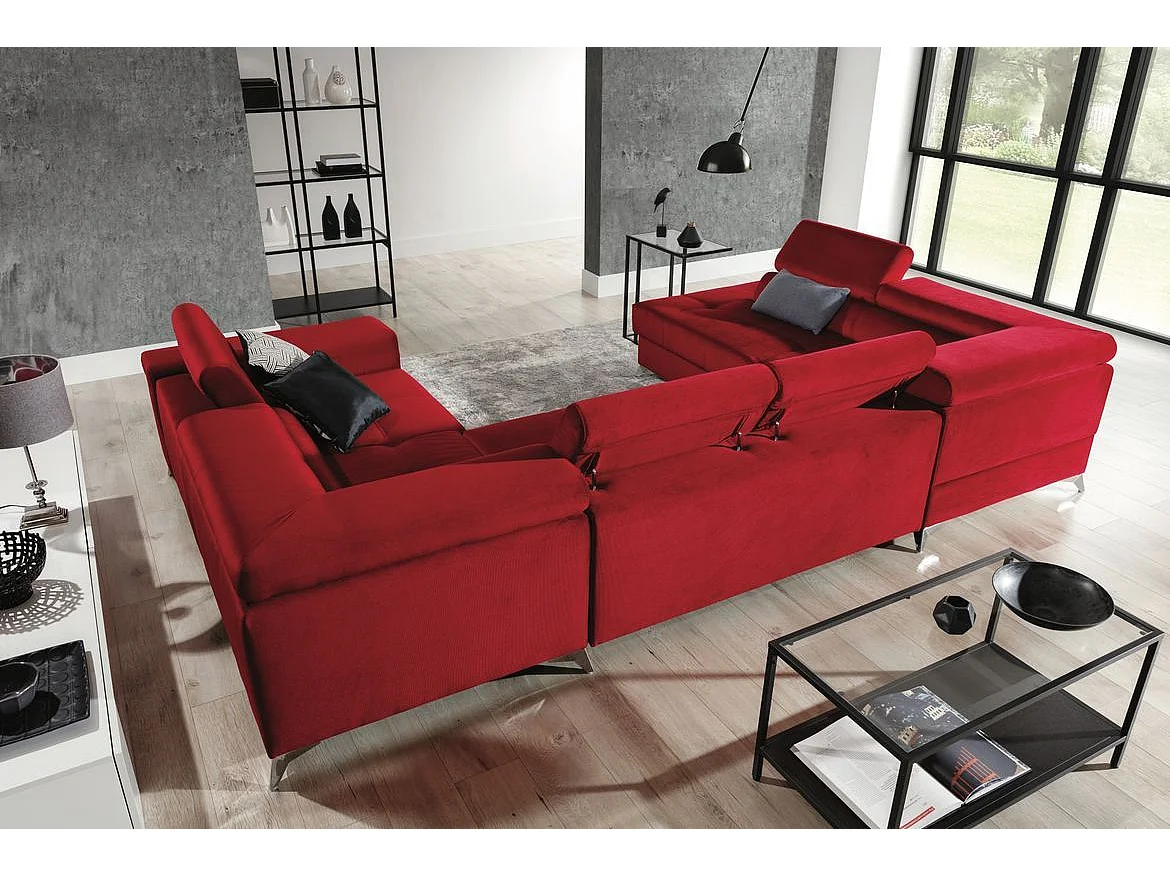 Canapé panoramique convertible velours bleu pétrole avec coffre de rangement Triano 342cm-Coffre de rangement à gauche