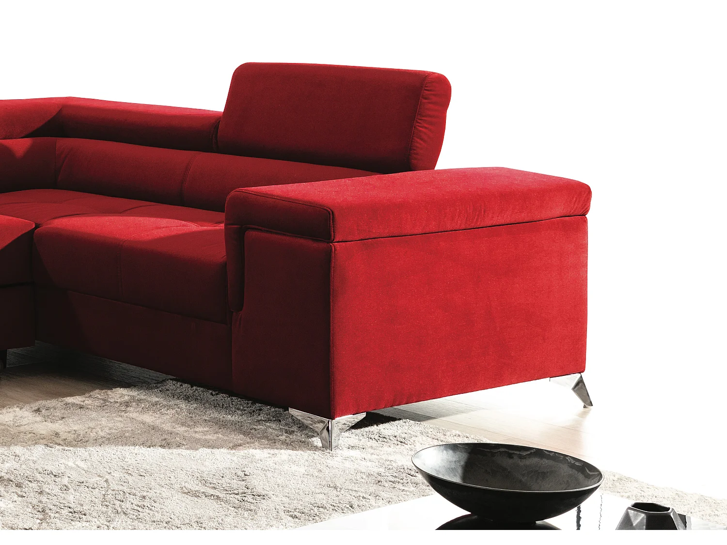 Canapé panoramique convertible velours bleu pétrole avec coffre de rangement Triano 342cm-Coffre de rangement à gauche