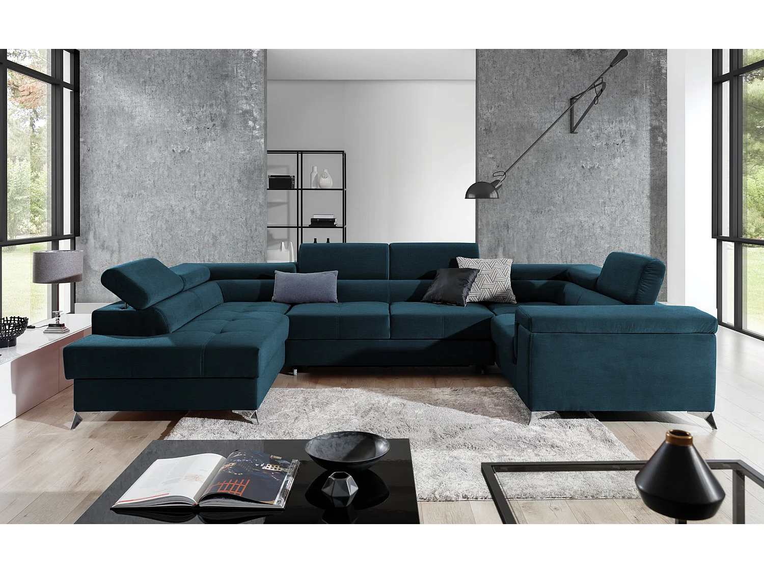 Canapé panoramique convertible velours bleu pétrole avec coffre de rangement Triano 342cm-Coffre de rangement à gauche