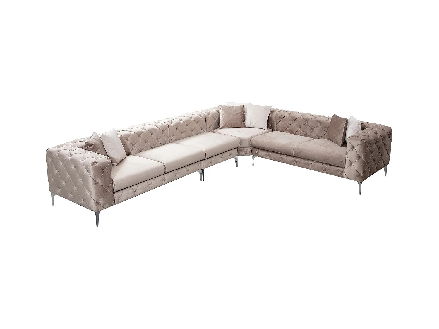 Canapé d'angle droit capitonné velours crème et pieds chromés Herakles 270cm