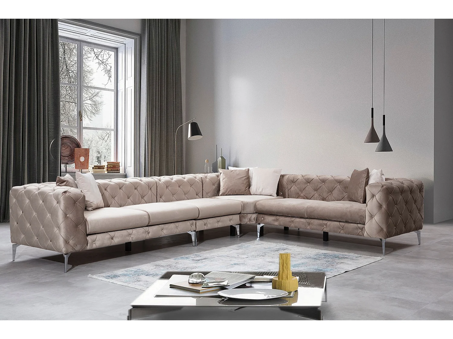 Canapé d'angle droit capitonné velours crème et pieds chromés Herakles 270cm