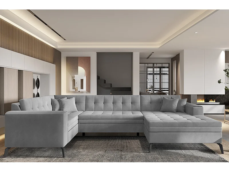 Canapé panoramique convertible droit tissu doux brillant gris matelassé Bonty 340cm