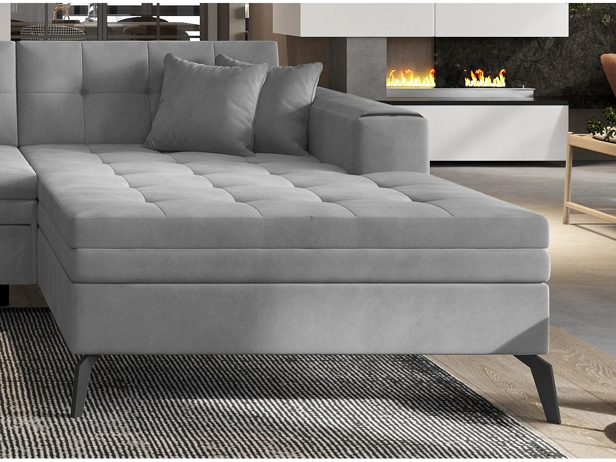 Canapé panoramique convertible droit tissu doux brillant gris matelassé Bonty 340cm