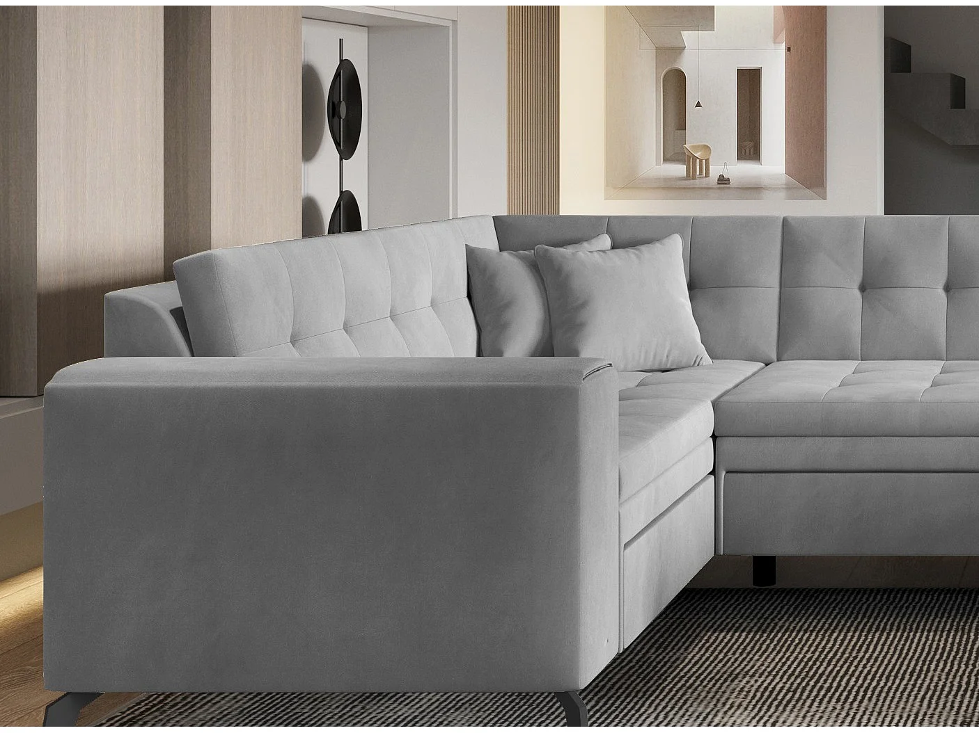 Canapé panoramique convertible droit tissu doux brillant gris matelassé Bonty 340cm