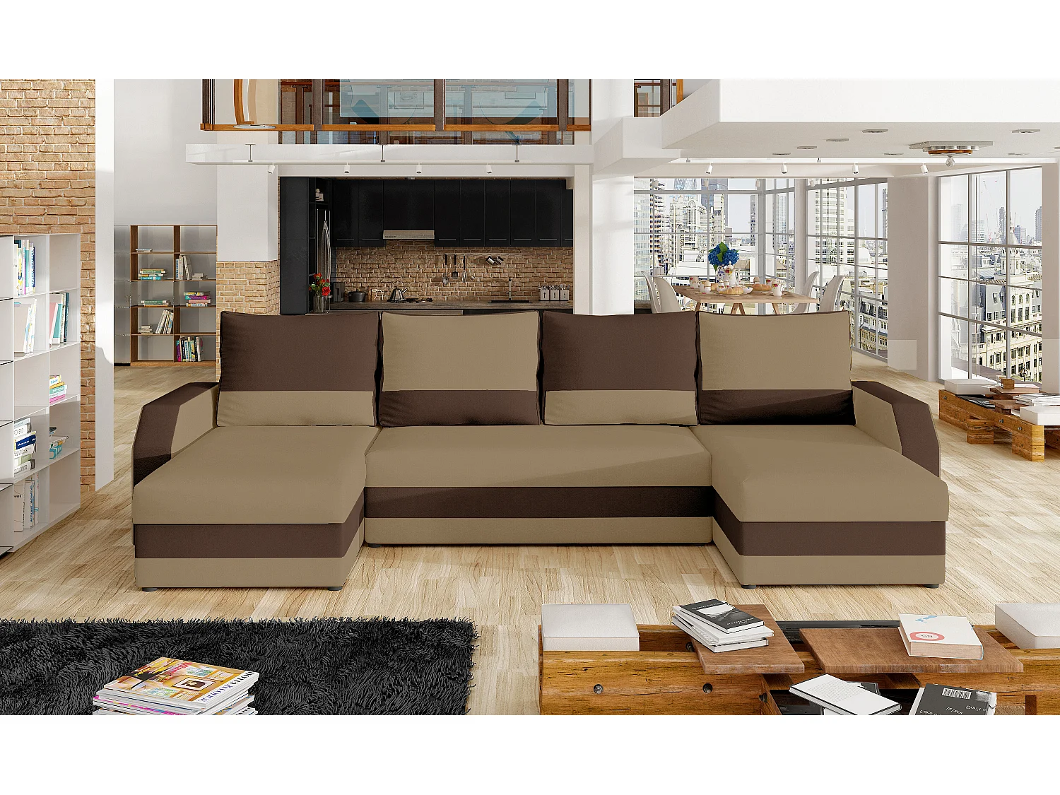 Nordy tweekleurige panoramische converteerbare hoekbank in lichtbruine en donkerbruine stof 307 cm