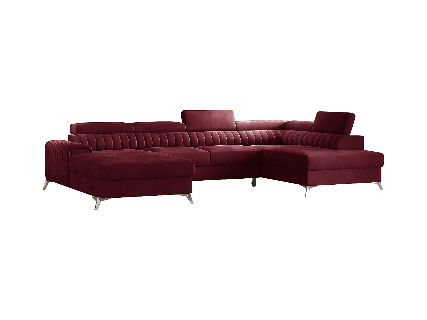 Canapé d'angle U velours bordeaux coffre de rangement à droite Kalante 347cm