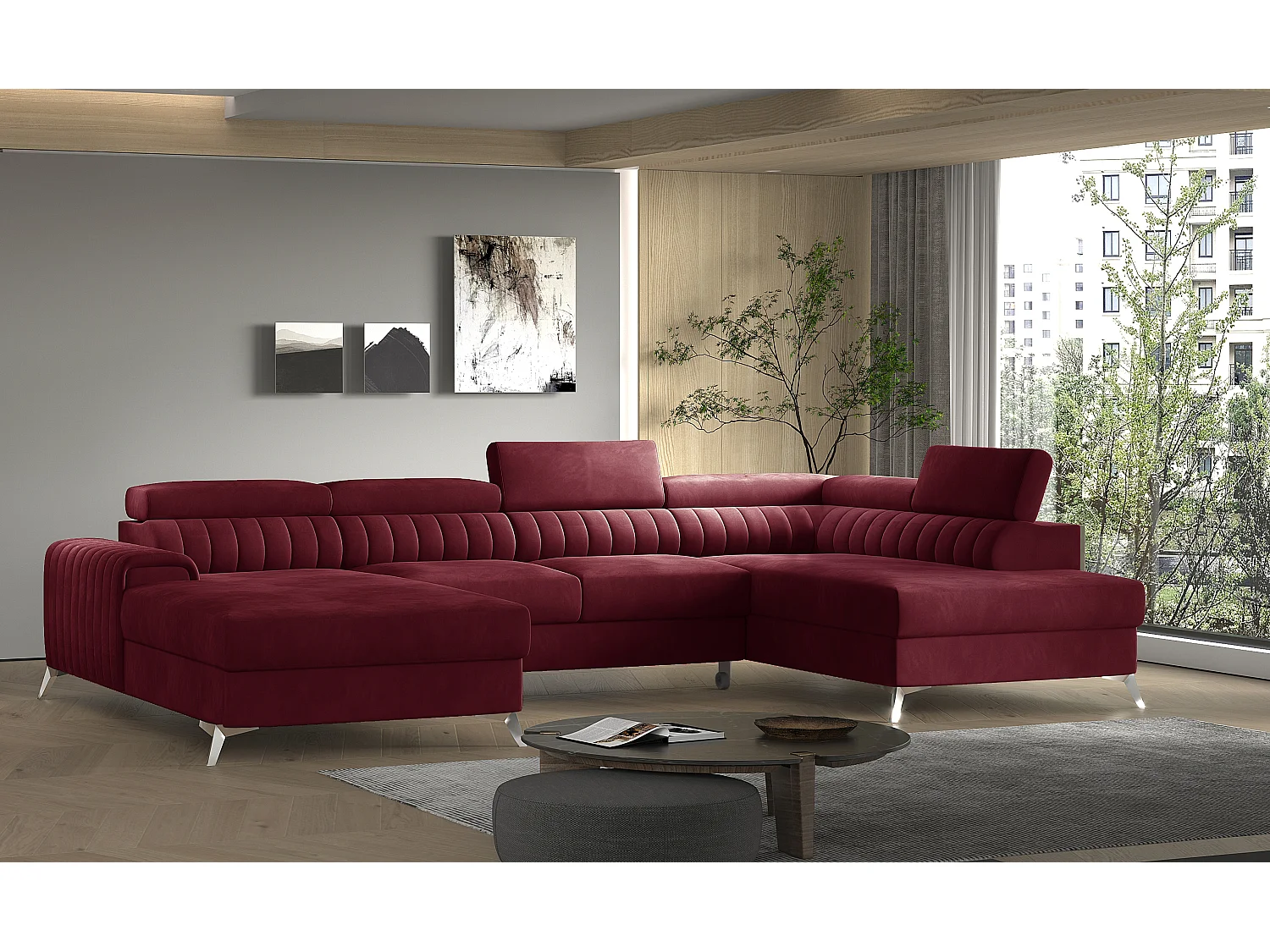 Canapé d'angle U velours bordeaux coffre de rangement à droite Kalante 347cm