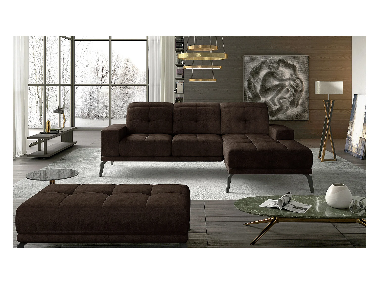 5-zits hoekbank rechts bruin stof Torpille 265 cm