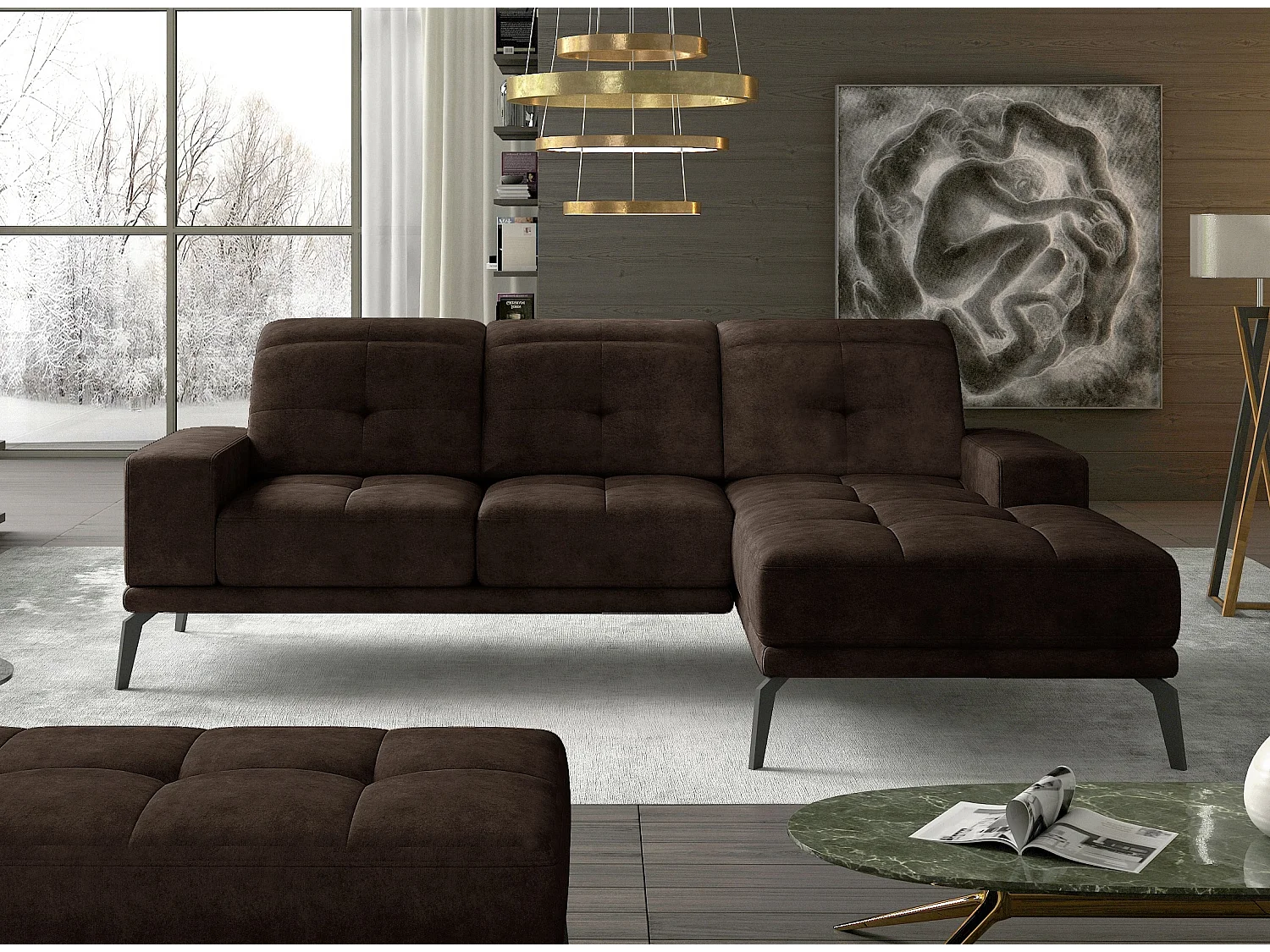 Canapé d'angle droit 5 places tissu marron Torpille 265cm