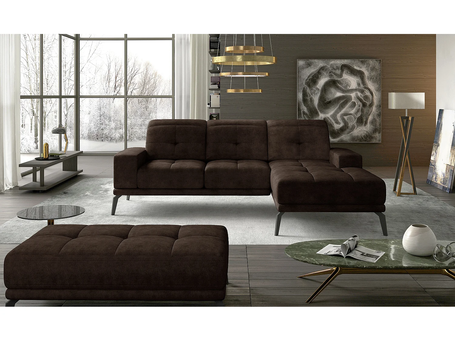 Canapé d'angle droit 5 places tissu marron Torpille 265cm