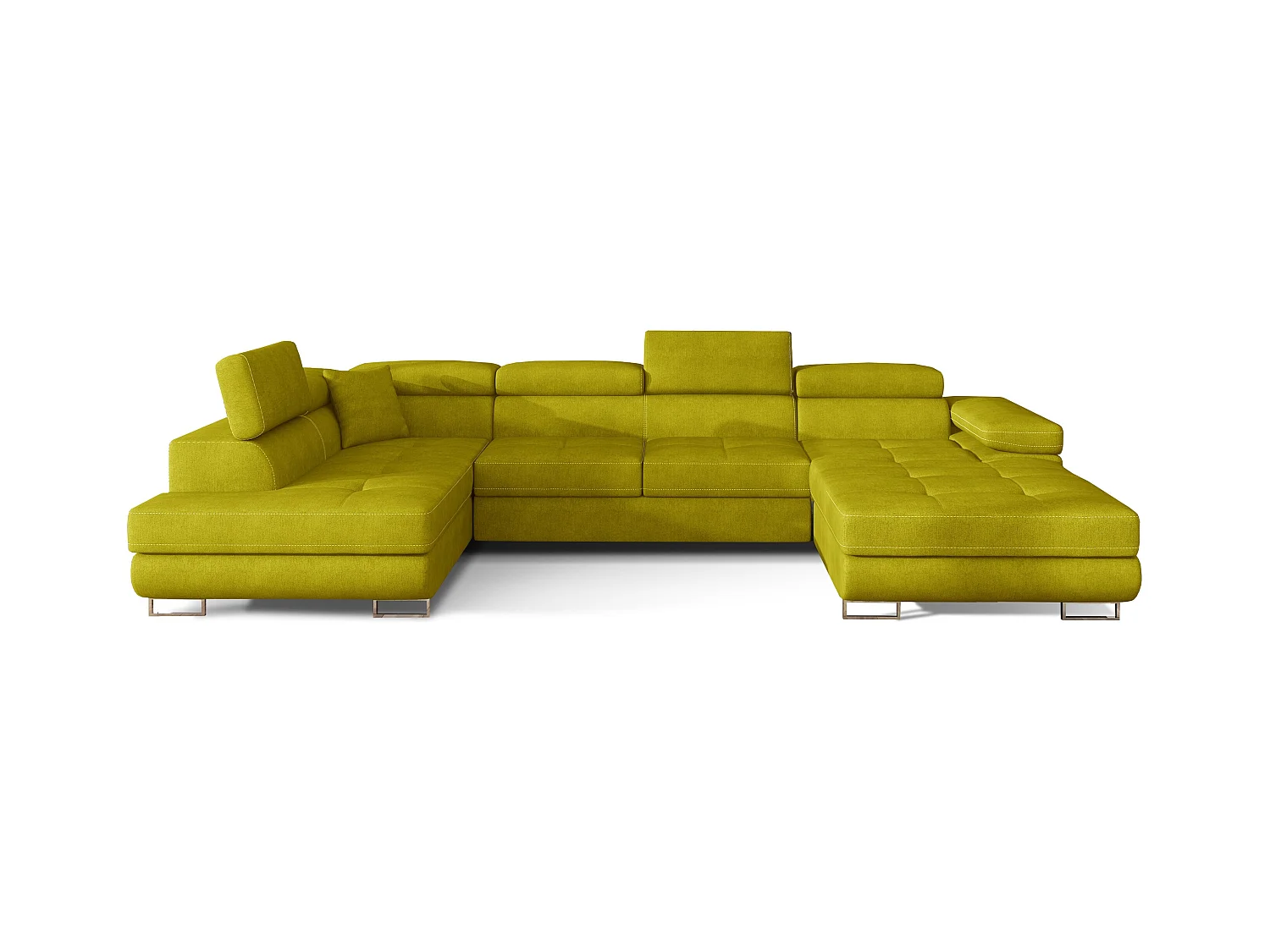 Canapé panoramique tissu vert moutarde convertible avec coffre de rangement Romano 345cm-Coffre de rangement à gauche