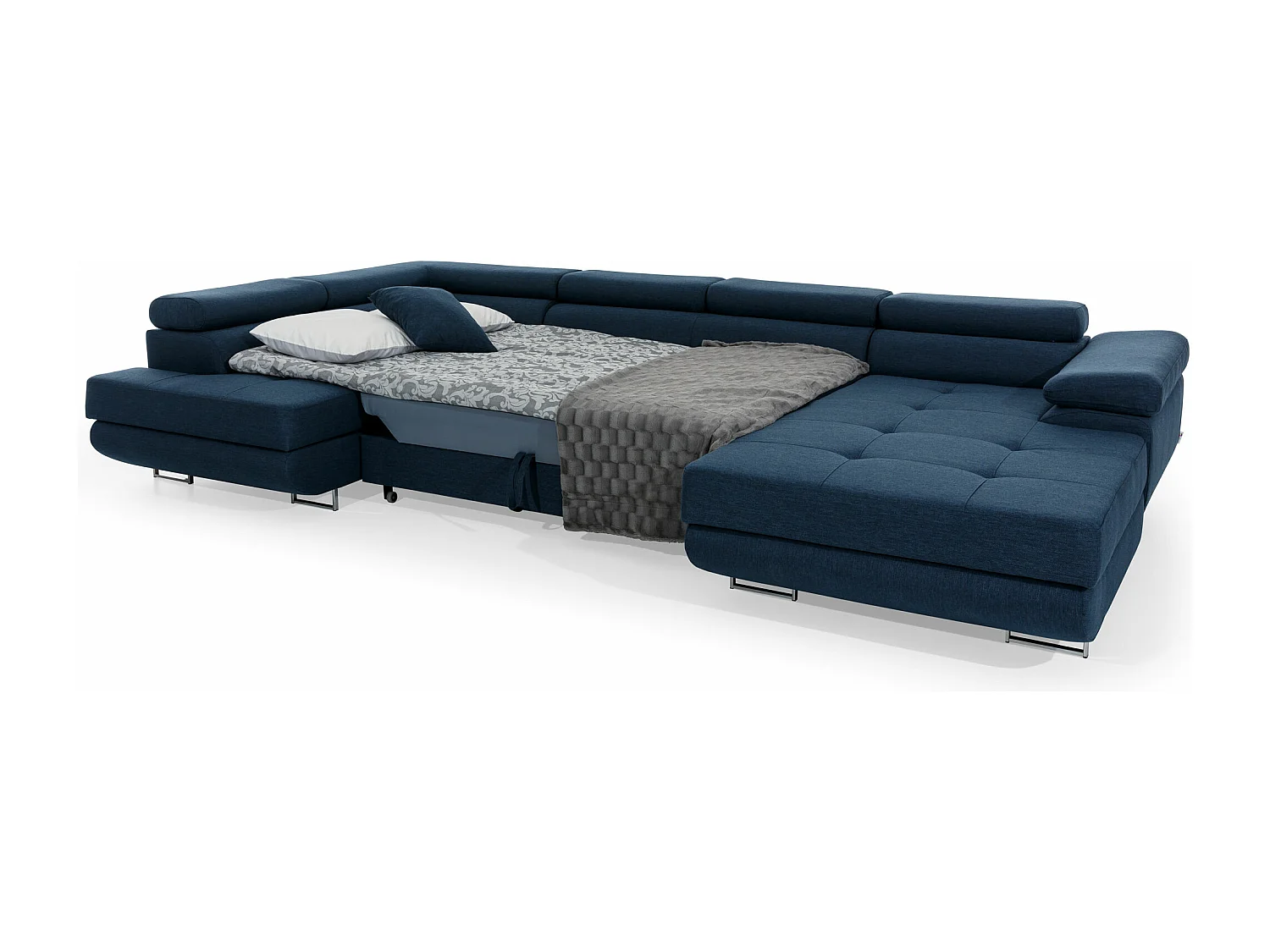 Canapé panoramique tissu vert moutarde convertible avec coffre de rangement Romano 345cm-Coffre de rangement à gauche