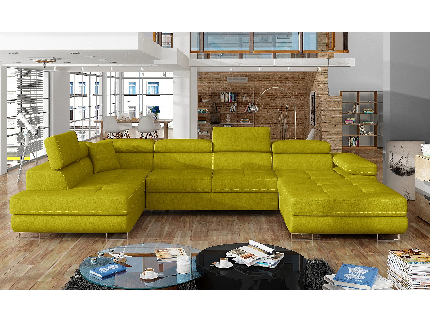 Canapé panoramique tissu vert moutarde convertible avec coffre de rangement Romano 345cm-Coffre de rangement à gauche