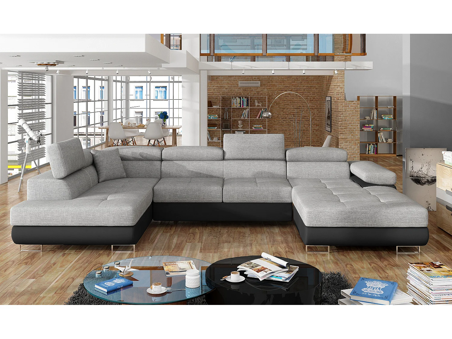 Canapé panoramique tissu gris clair et simili cuir noir convertible avec coffre de rangement Romano 345cm-Coffre de rangement à gauche