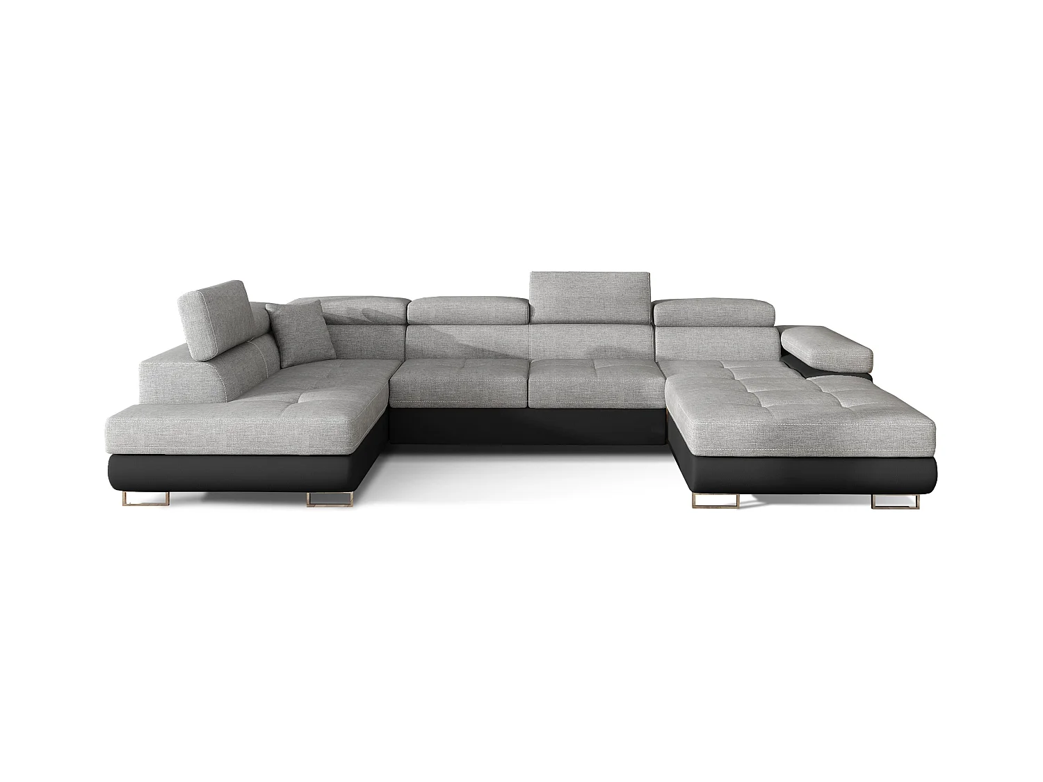 Canapé panoramique tissu gris clair et simili cuir noir convertible avec coffre de rangement Romano 345cm-Coffre de rangement à gauche