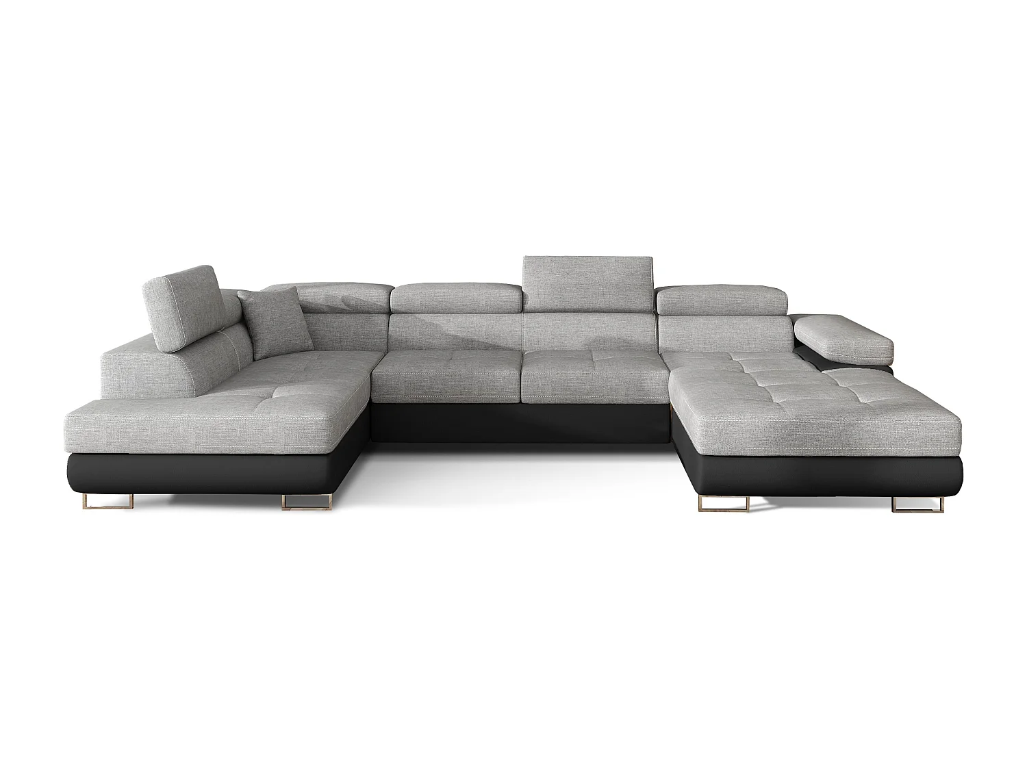 Canapé panoramique tissu gris clair et simili cuir noir convertible avec coffre de rangement Romano 345cm-Coffre de rangement à gauche