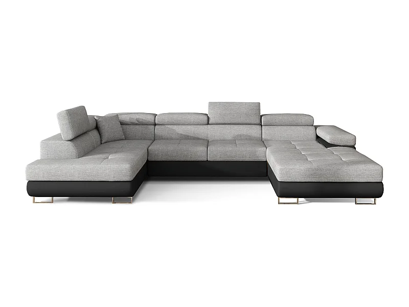 Canapé panoramique tissu gris clair et simili cuir noir convertible avec coffre de rangement Romano 345cm-Coffre de rangement à gauche