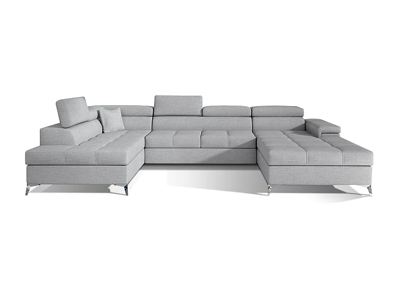 Canapé panoramique tissu gris clair coffre de rangement à gauche Kutty 345cm